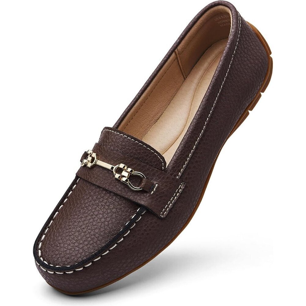 Kordal Women's Coffee Leather Gold Accent Buckle Slip-Ons Walking Flats Loafers